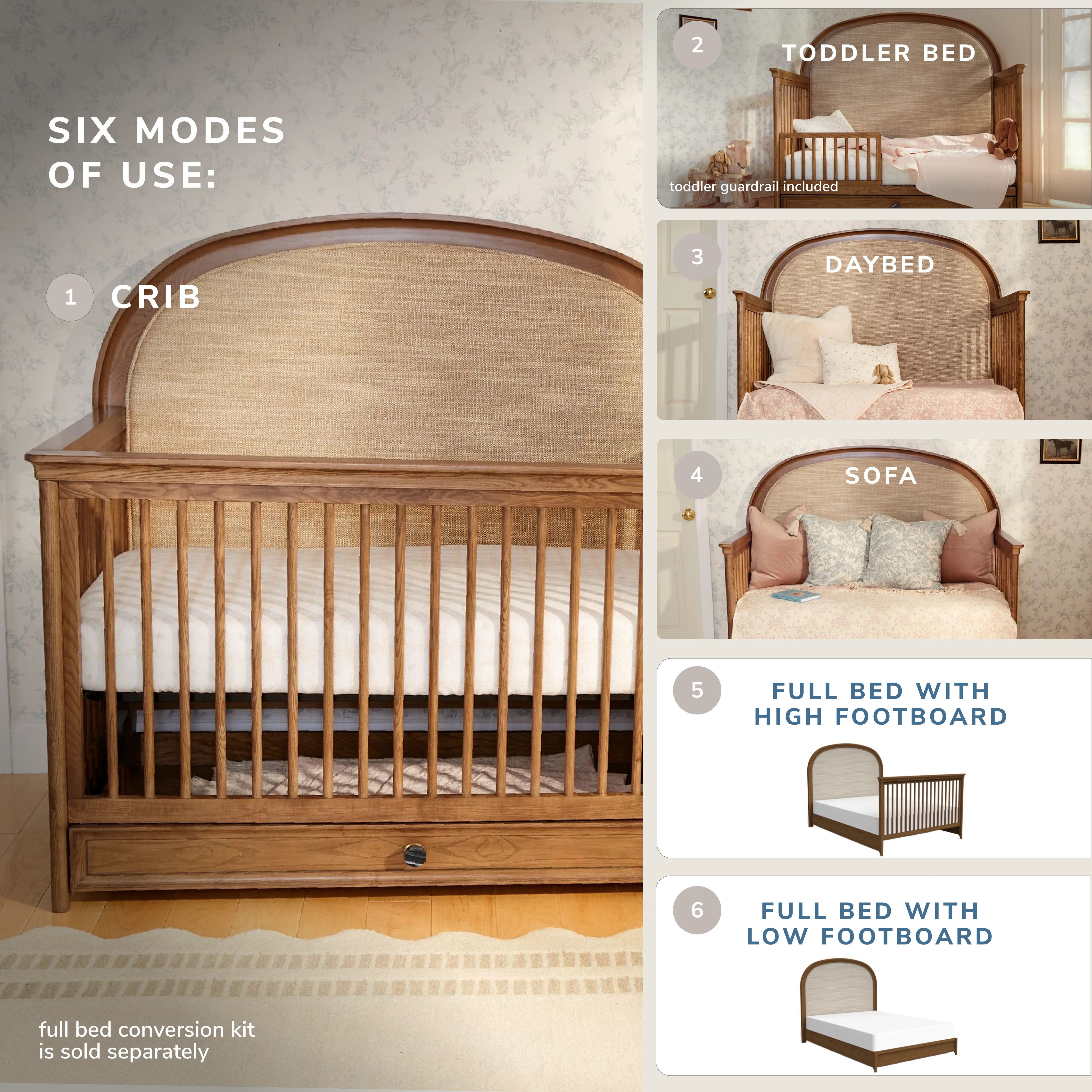 Quiet Luxury 6-in-1 Convertible Crib with Toddler Bed/Daybed Conversion Kit - Image 3